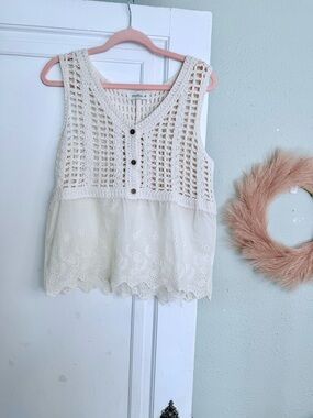 MELLODAY Cream Crochet Eyelet Tank Top